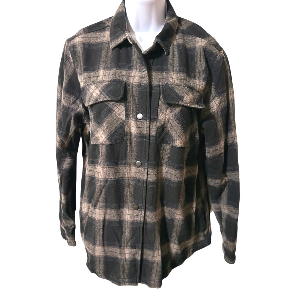 Zyia Active Womens Black Gray Plaid Long Sleeve Button Up Flannel Jacket Size L